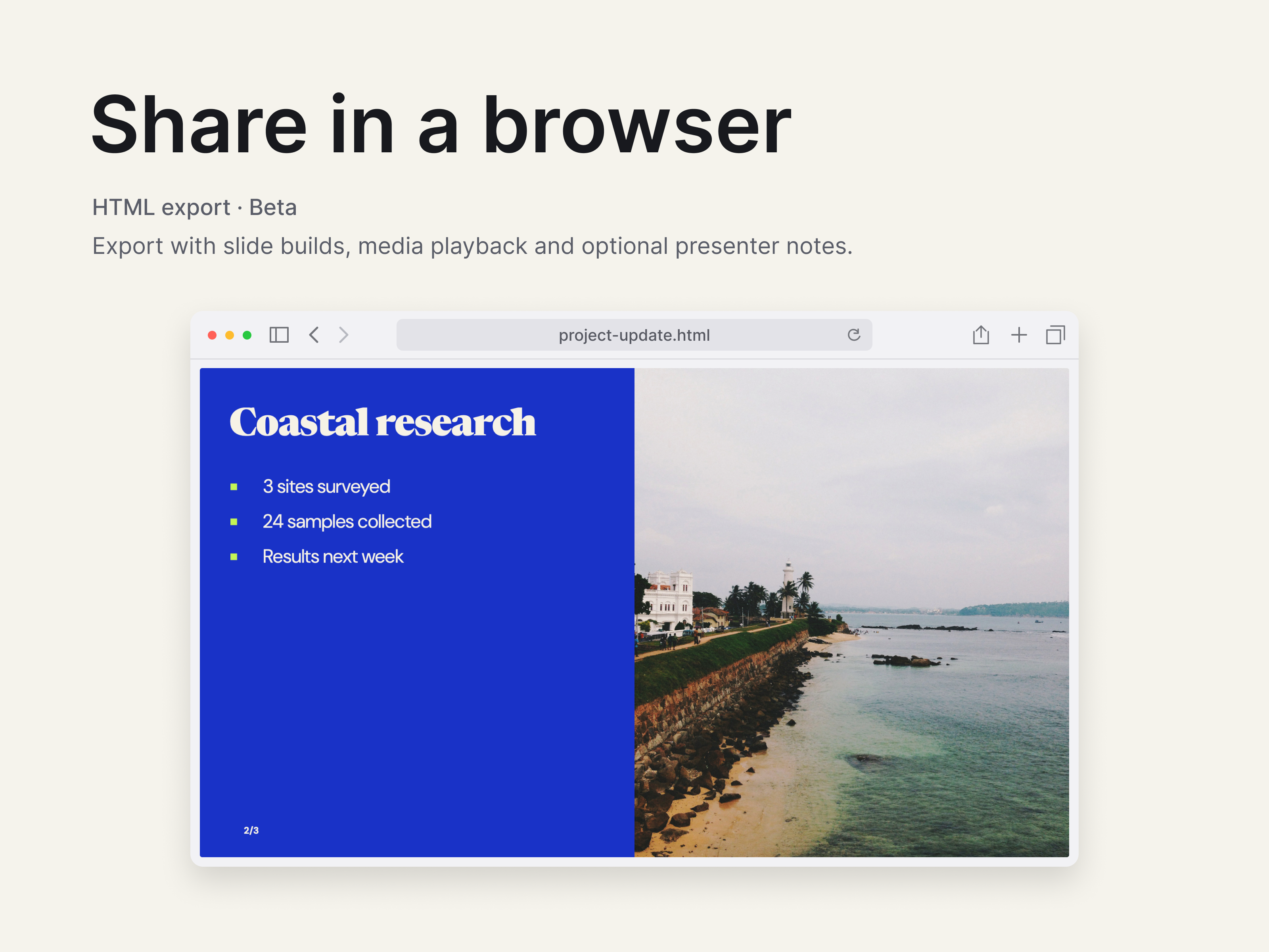 Share in a browser: a Deckset HTML export of a Coastal research slide in Safari, with builds, media playback, and optional presenter notes.
