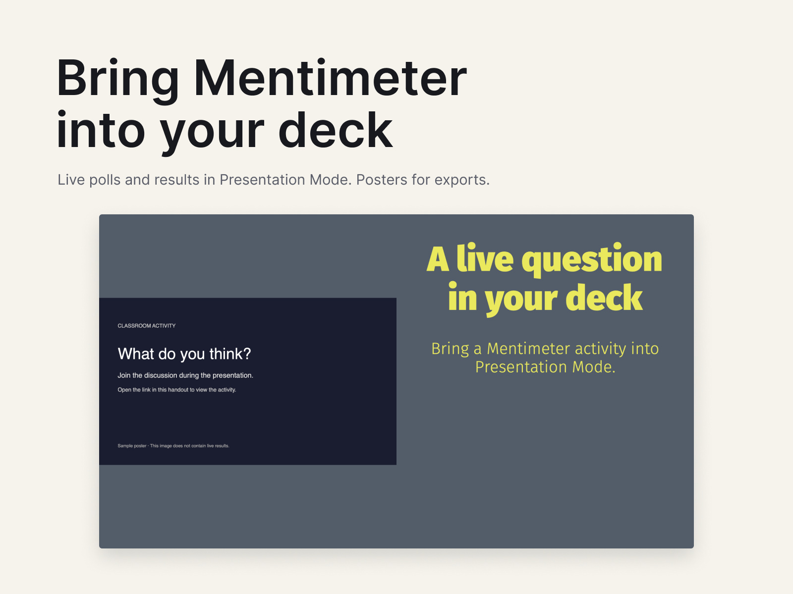 Bring Mentimeter into your presentation: a live question embedded beside the heading A live question in your presentation.